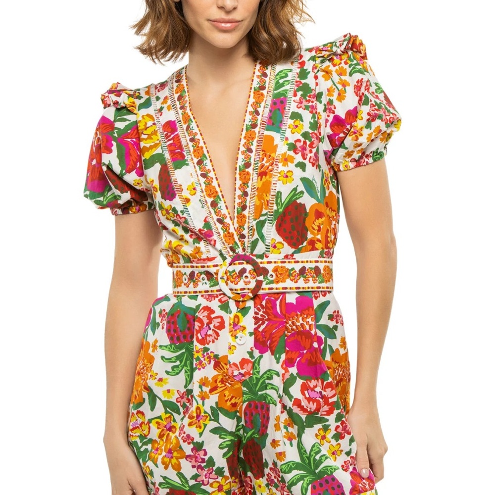 Farm Rio Floral V-Neck Puff Sleeve Jumpsuit with Belt - Multicolor
